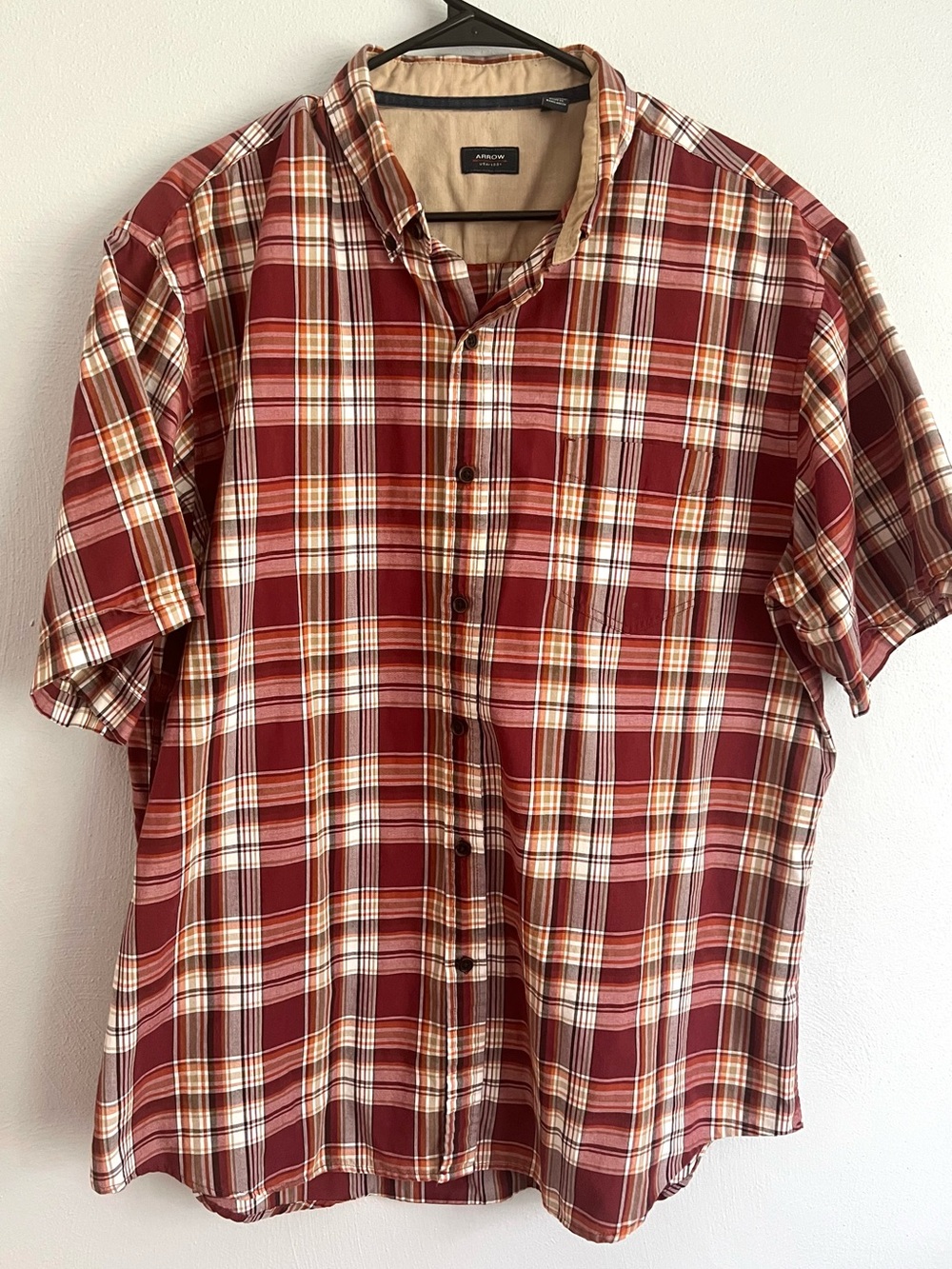 Arrow Short-Sleeve Burgundy and Cream Plaid Button-Down Shirt
